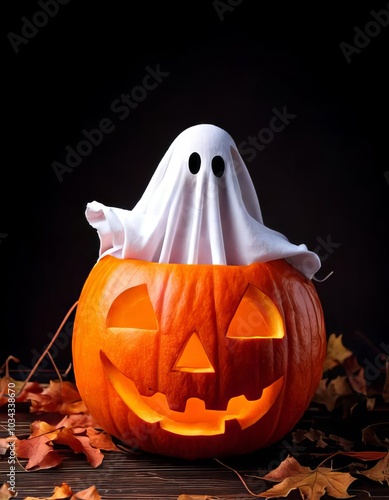 A little ghost sitting inside a Halloween pumpkin