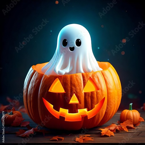 A little ghost sitting inside a Halloween pumpkin