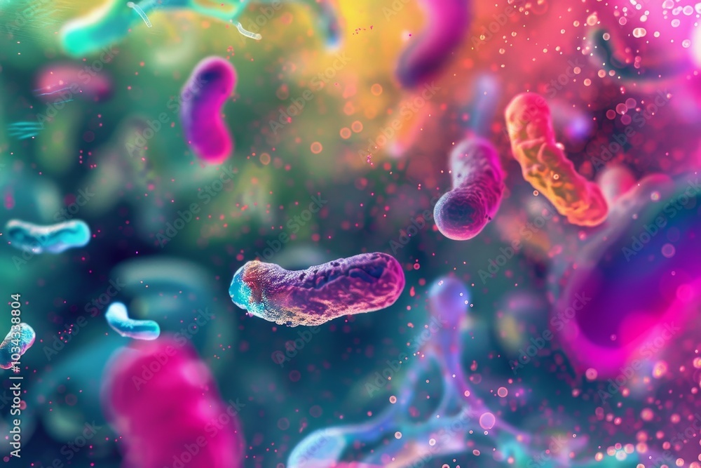 A vibrant and colorful microscopic view captures various bacteria actively moving through a dynamic, blurred background. The scene highlights the diversity of microbial life. A vibrant and colorful microscopic view captures various bacteria actively moving through a dynamic, blurred background. The scene highlights the diversity of microbial life.