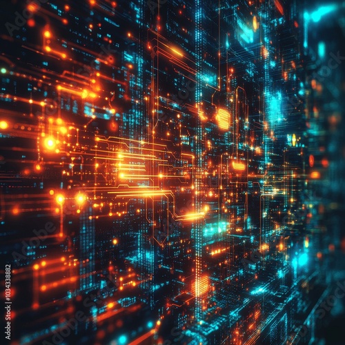 Wallpaper Mural Glowing digital circuit network with orange and blue lights Torontodigital.ca