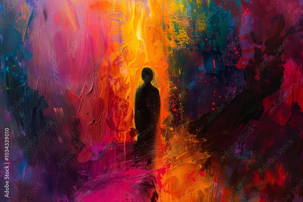 A lone silhouette is surrounded by a swirl of vivid colors, evoking feelings of introspection and emotional depth in an abstract artistic setting. A lone silhouette is surrounded by a swirl of vivid colors, evoking feelings of introspection and emotional depth in an abstract artistic setting.