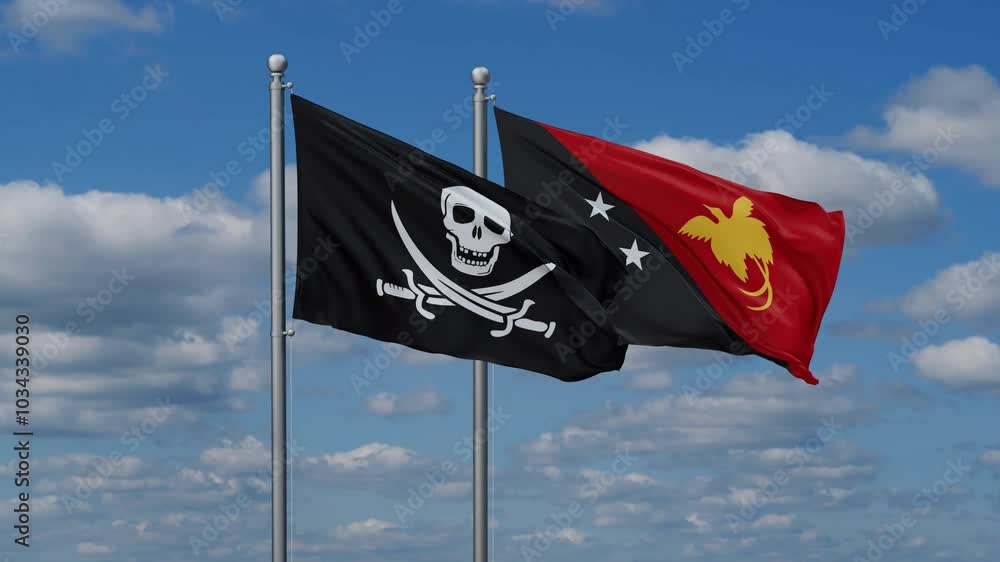 Papua New Guinea and Corsair flags flying together, video concept of the relationship, two country relations concept Papua New Guinea and Corsair flags flying together, video concept of the relationship, two country relations concept