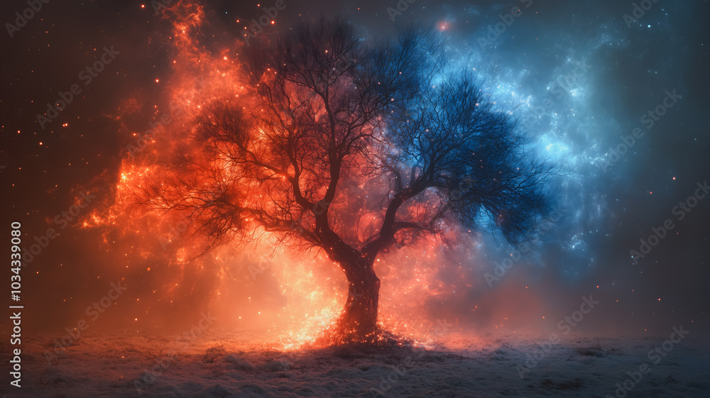 A tree with red and blue leaves is surrounded by a blue and red sky. The tree is lit up with fire, giving it a warm and inviting atmosphere A tree with red and blue leaves is surrounded by a blue and red sky. The tree is lit up with fire, giving it a warm and inviting atmosphere