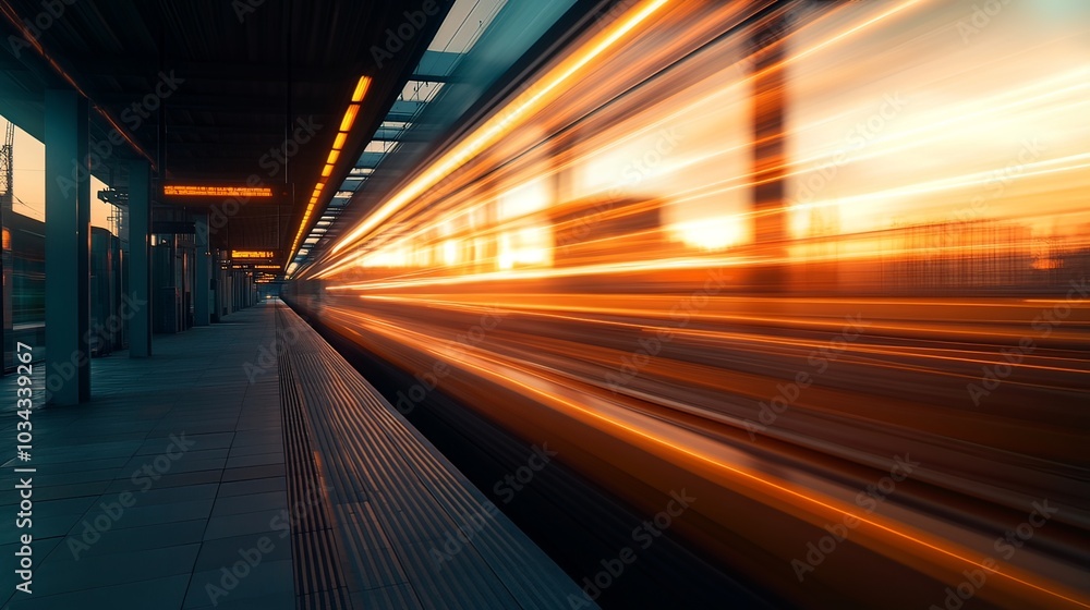 High-speed orange passenger train moving at railway station platform at sunset. Train station. Modern railway transportation concept with blurred motion effect. Railroad. Commercial transport. High-speed orange passenger train moving at railway station platform at sunset. Train station. Modern railway transportation concept with blurred motion effect. Railroad. Commercial transport.
