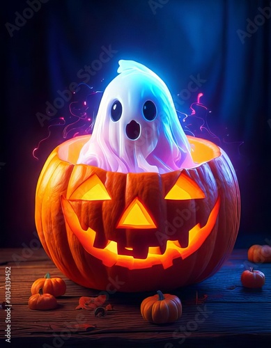 A little ghost sitting inside a Halloween pumpkin