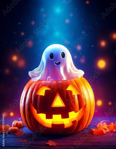 A little ghost sitting inside a Halloween pumpkin