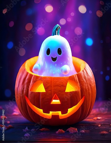 A little ghost sitting inside a Halloween pumpkin
