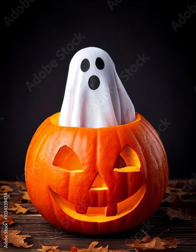 A little ghost sitting inside a Halloween pumpkin