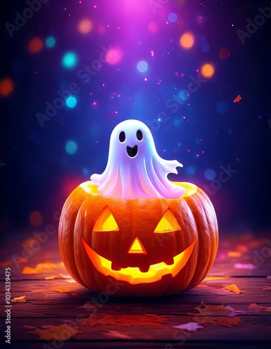 A little ghost sitting inside a Halloween pumpkin