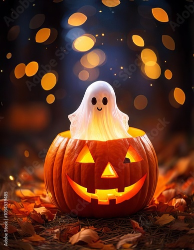 A little ghost sitting inside a Halloween pumpkin