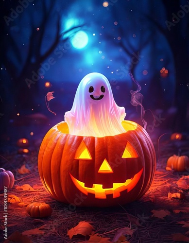 A little ghost sitting inside a Halloween pumpkin