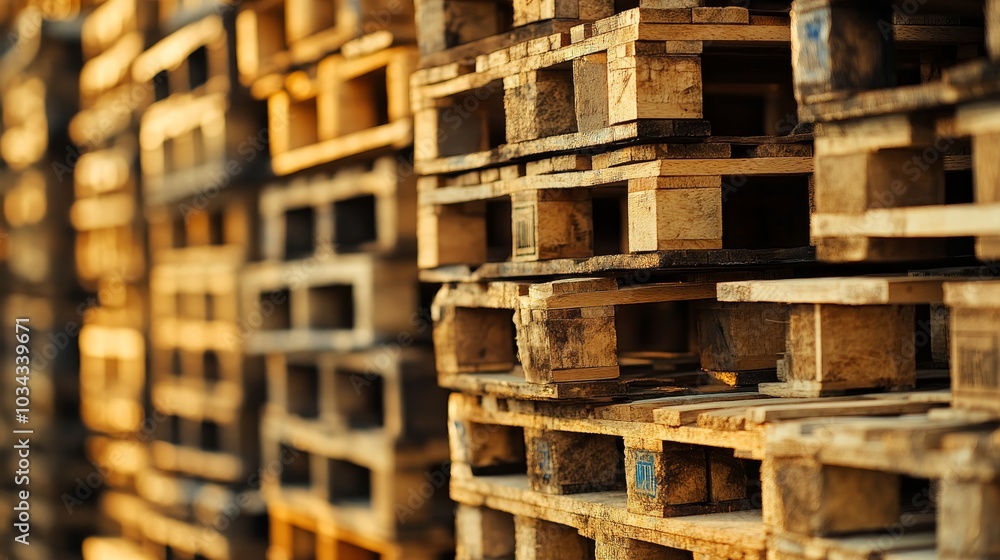 Stacks of wooden pallets rise dramatically under warm sunlight in a bustling warehouse Stacks of wooden pallets rise dramatically under warm sunlight in a bustling warehouse
