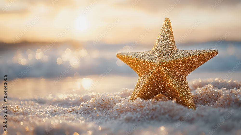 A gold star is sitting on the sand at the beach. The star is surrounded by a lot of sand, and the beach is calm and peaceful. The star is shining brightly, and it seems to be a symbol of hope A gold star is sitting on the sand at the beach. The star is surrounded by a lot of sand, and the beach is calm and peaceful. The star is shining brightly, and it seems to be a symbol of hope
