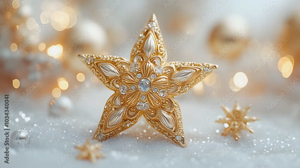 A gold star with a diamond in the center sits on a white background. The star is surrounded by a few other small gold objects, creating a festive and celebratory atmosphere A gold star with a diamond in the center sits on a white background. The star is surrounded by a few other small gold objects, creating a festive and celebratory atmosphere