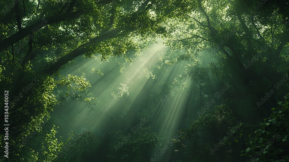 Lush green forest canopy with sunbeams streaming through. Lush green forest canopy with sunbeams streaming through.