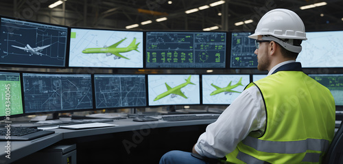 A flight engineer in a hardhat examines multiple screens, focused on data and operations in a control room setting. photo