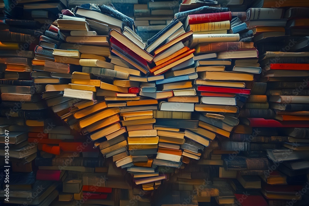 A heart-shaped sculpture crafted from an assortment of books, symbolizing the love and importance of literature in enriching lives. A heart-shaped sculpture crafted from an assortment of books, symbolizing the love and importance of literature in enriching lives.