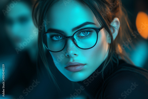  A close-up portrait of a beautiful woman with glasses at a business meeting