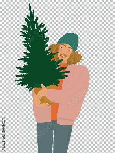 femme souriante porte un sapin de Noël bonnet bleu manteau rose vecteur