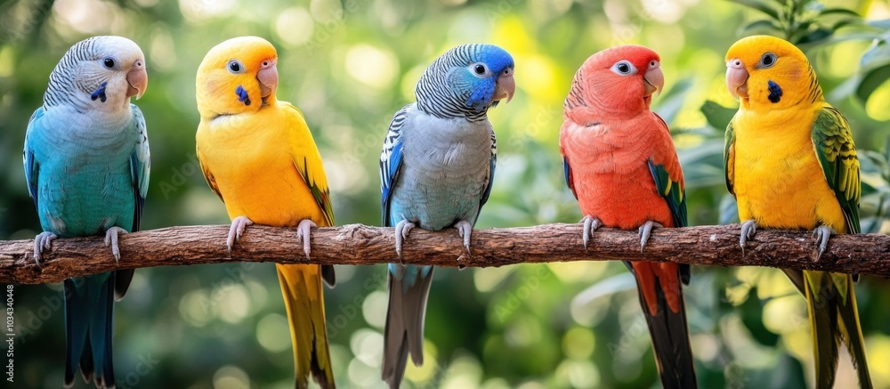 Fototapeta premium Five colorful parrots perched on a branch with a green blurred background.