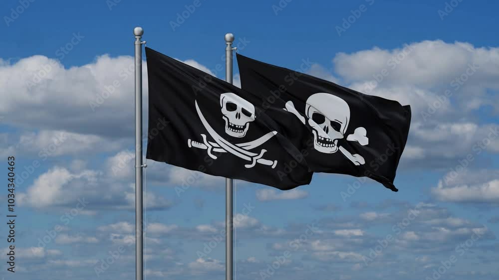 Corsair and Jolly Roger or pirate flags flying together, video concept of the relationship Corsair and Jolly Roger or pirate flags flying together, video concept of the relationship