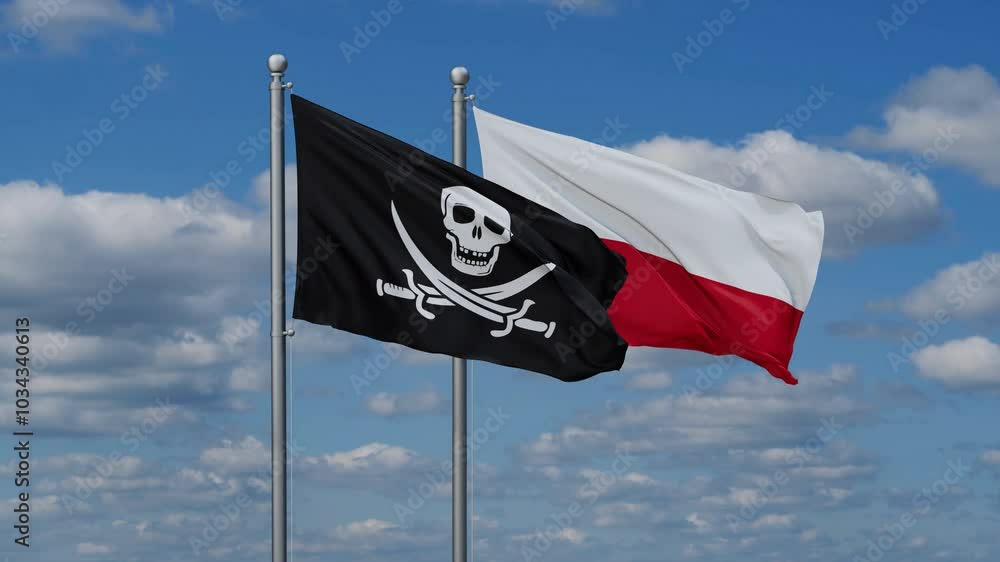 Poland and Corsair flags flying together, video concept of the relationship, two country cooperation concept Poland and Corsair flags flying together, video concept of the relationship, two country cooperation concept