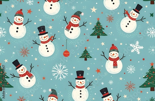 Christmas seamless pattern with snowman, fir trees, stars and snowflakes, wall paper, background 