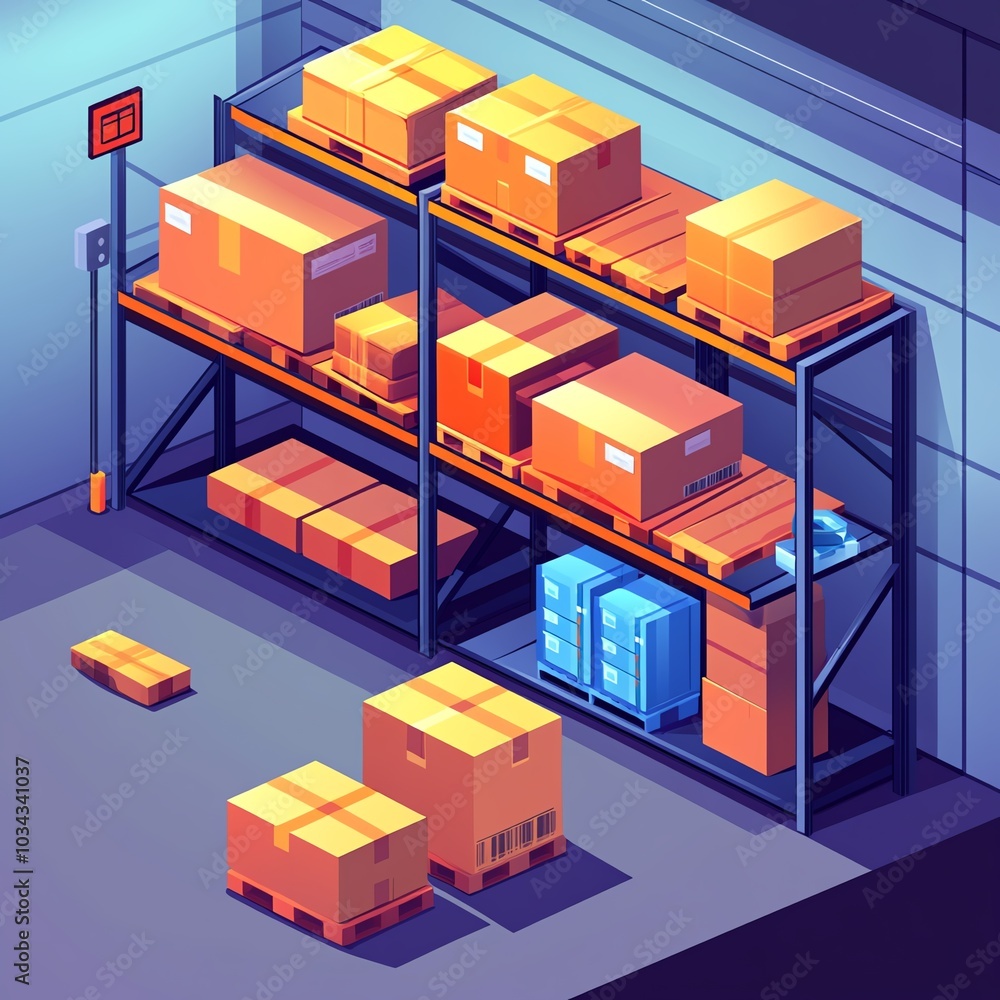 A modern warehouse scene featuring neatly stacked boxes on metal shelves, showcasing organization and efficiency in storage. A modern warehouse scene featuring neatly stacked boxes on metal shelves, showcasing organization and efficiency in storage.