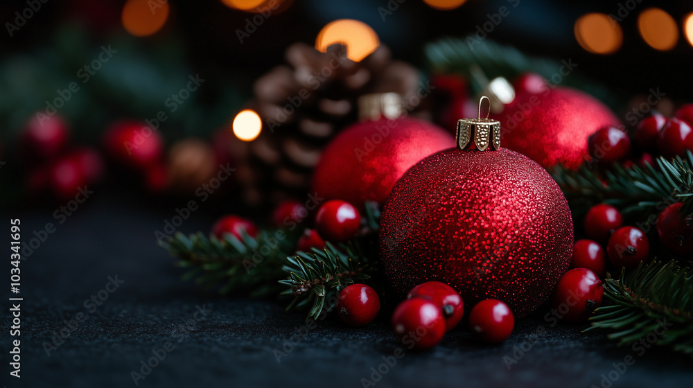 Red berries, evergreen branches, and festive background with christmas ornaments and pine cones Red berries, evergreen branches, and festive background with christmas ornaments and pine cones