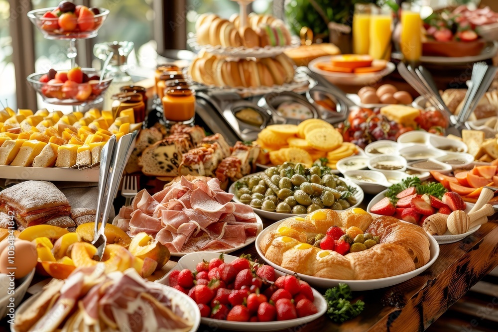A variety of colorful dishes are laid out for breakfast, including fresh fruits, pastries, breads, and meats, offering a delightful selection in a bright setting. A variety of colorful dishes are laid out for breakfast, including fresh fruits, pastries, breads, and meats, offering a delightful selection in a bright setting.