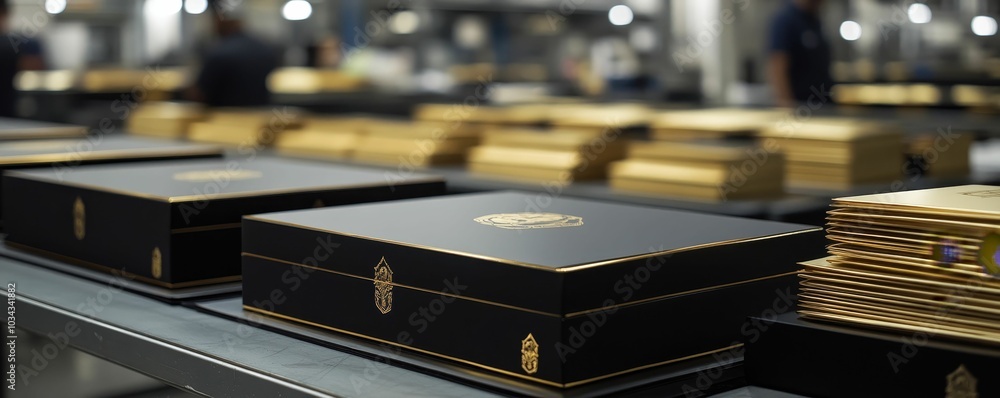 Black boxes with gold trim on a table. Black boxes with gold trim on a table.