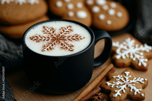 Festive christmas drink in a black mug with cinnamon, surrounded by gingerbread cookies and cinnamon sticks on a wooden table