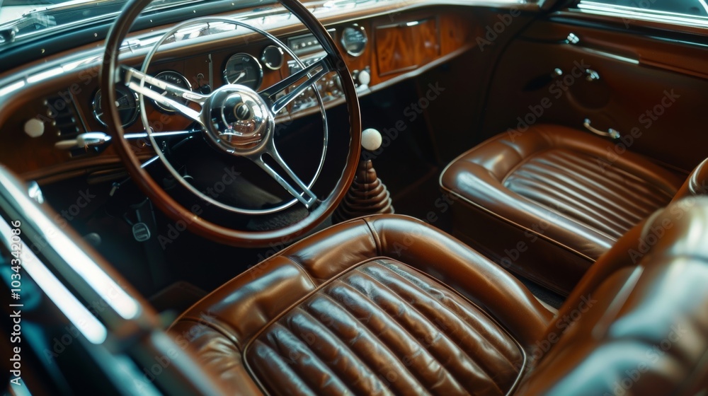A wideangle shot of the luxurious interior of a classic car showcasing a harmonious mix of premium materials and bespoke design elements exuding timeless sophistication. A wideangle shot of the luxurious interior of a classic car showcasing a harmonious mix of premium materials and bespoke design elements exuding timeless sophistication.