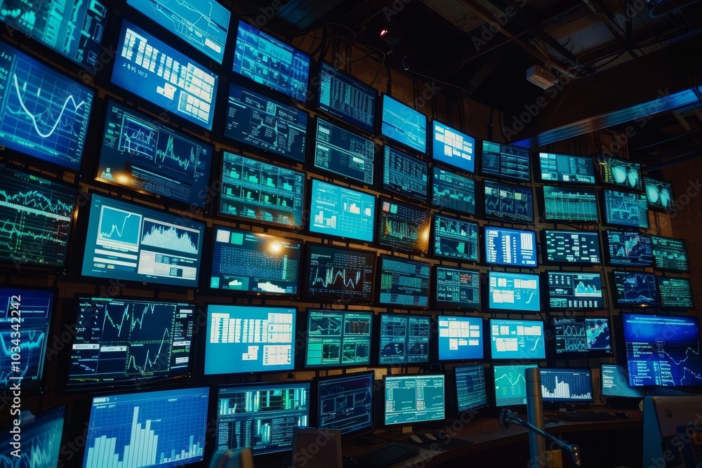 In a high-tech control room, numerous monitors showcase real-time analytics, graphs, and market data during a bustling evening trading session, highlighting dynamic financial activities. In a high-tech control room, numerous monitors showcase real-time analytics, graphs, and market data during a bustling evening trading session, highlighting dynamic financial activities.