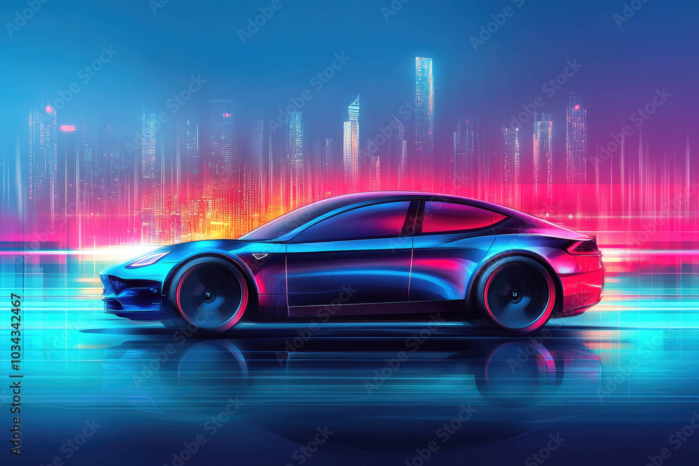 Futuristic Electric Car in Neon Cityscape with Motion Blur Futuristic Electric Car in Neon Cityscape with Motion Blur