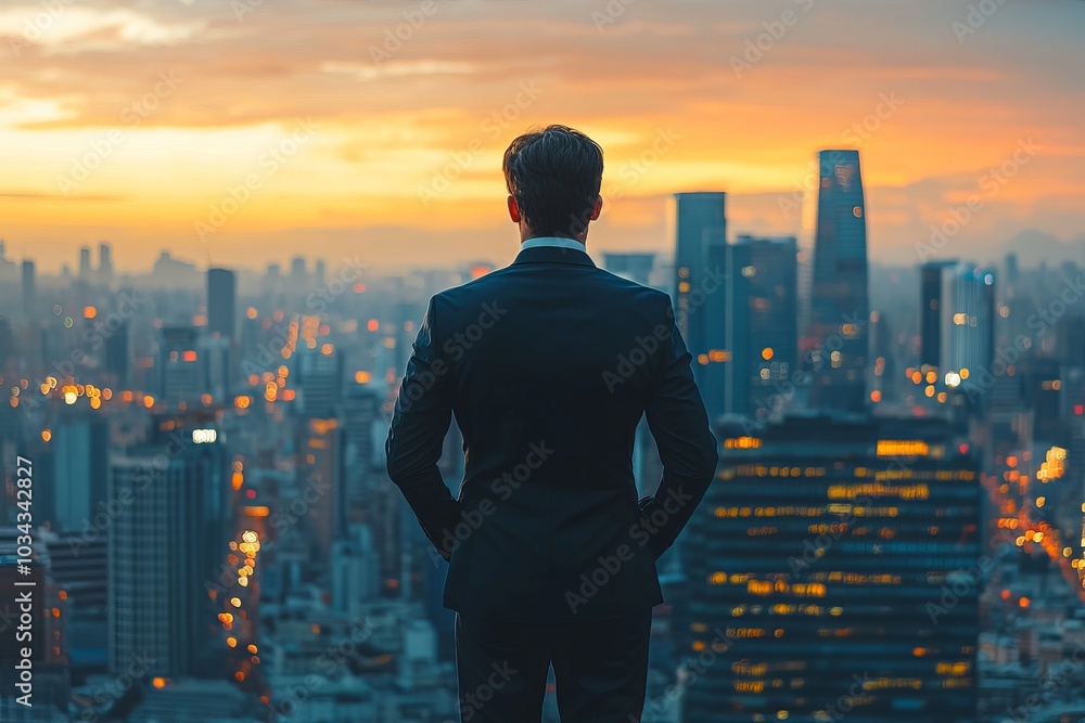Businessman overlooking city skyline at sunset, reflecting on future opportunities. Businessman overlooking city skyline at sunset, reflecting on future opportunities.