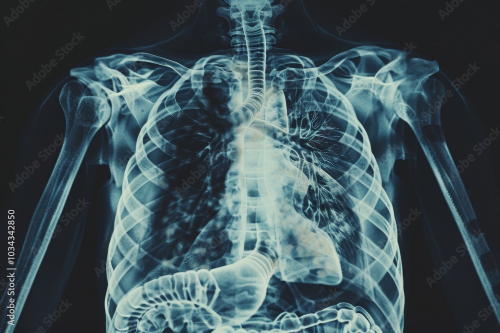 A medical X-ray reveals detailed internal structures, highlighting the lungs, heart, and ribs, showcasing a clear view for study or diagnosis. A medical X-ray reveals detailed internal structures, highlighting the lungs, heart, and ribs, showcasing a clear view for study or diagnosis.