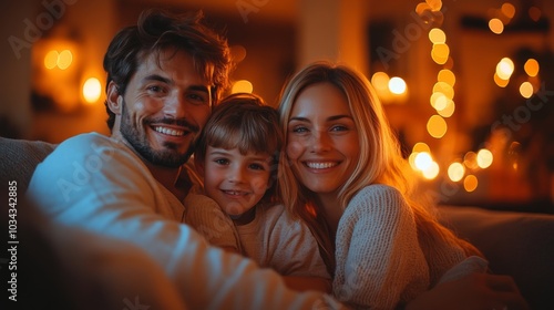 A joyful family sits closely on a sofa, embracing each other while surrounded by glowing fairy lights in a warmly lit living room, capturing a heartwarming winter moment.