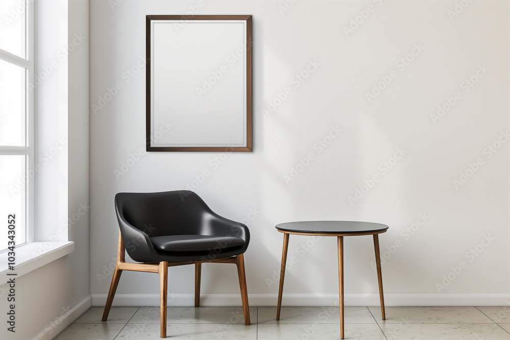 Bright room with a black armchair, an empty frame hanging on the wall, mockup Bright room with a black armchair, an empty frame hanging on the wall, mockup