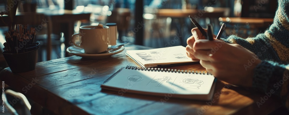 Person sketching on a table in a cafe. Person sketching on a table in a cafe.
