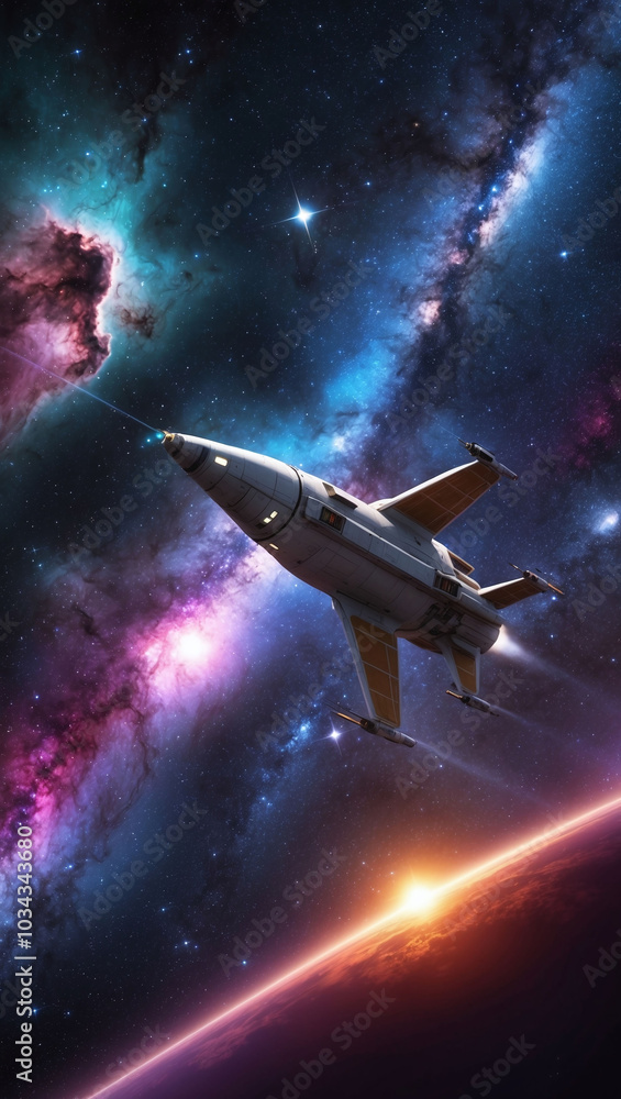 A journey through the stars with a spaceship traveling past colorful nebulas and distant galaxies A journey through the stars with a spaceship traveling past colorful nebulas and distant galaxies