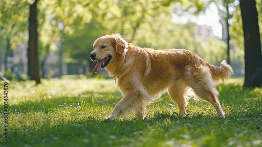 Golden Retriever Dog Walking on Grass in a Park Golden Retriever Dog Walking on Grass in a Park