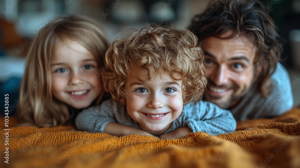 Two young children and their father are happily lying on a warm blanket, sharing smiles and laughter in a cozy living room setting. The atmosphere is filled with warmth and joy. Two young children and their father are happily lying on a warm blanket, sharing smiles and laughter in a cozy living room setting. The atmosphere is filled with warmth and joy.