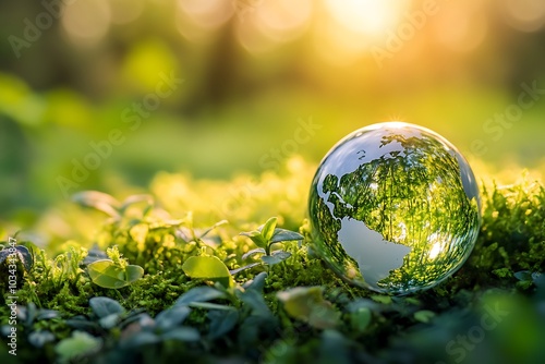 Crystal ball resting on moss reflecting lush green forest