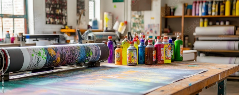Colored inks on printing press table. Colored inks on printing press table.