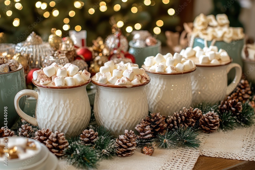 Festive Holiday Hot Cocoa with Marshmallows and Christmas Decorations Festive Holiday Hot Cocoa with Marshmallows and Christmas Decorations