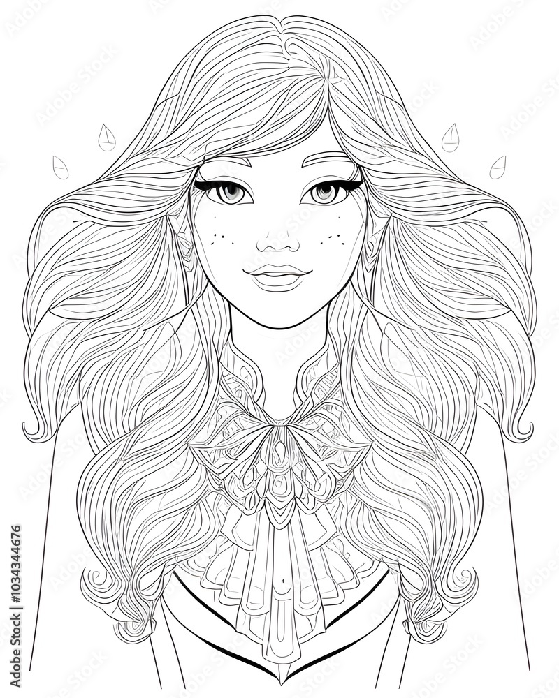 Beautiful girl with long hair. Black and white illustration for coloring book. Beautiful girl with long hair. Black and white illustration for coloring book.