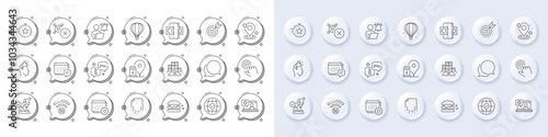 Air balloon, 5g wifi and Timer line icons. White pin 3d buttons, chat bubbles icons. Pack of Target purpose, Cursor, Global insurance icon. Qr code, Phishing, Inventory pictogram. Vector