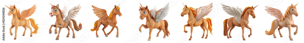 Pegasus horse with wings posing, 3D cartoon illustration, isolated on transparent background, cute animated style, beautiful colors, Generative ai Pegasus horse with wings posing, 3D cartoon illustration, isolated on transparent background, cute animated style, beautiful colors, Generative ai