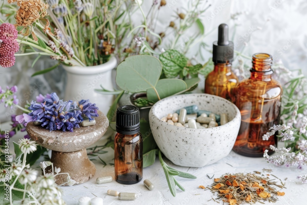 Various essential oils and herbal capsules are arranged alongside dried plants, creating an inviting atmosphere for natural wellness on a bright, sunny day. Various essential oils and herbal capsules are arranged alongside dried plants, creating an inviting atmosphere for natural wellness on a bright, sunny day.